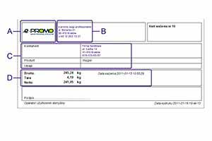 A-możliwość umieszczenia logo firmy, B-Dane firmy, C-Lista i wartości atrybutów ważenia, D-podstawowe dane o ważeniu