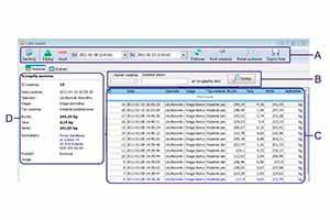A-pasek narzędziowy listy ważeń, B-panel wyszukiwarki ważeń, C-lista ważeń, D-panel szczegółów zaznaczonego ważenia