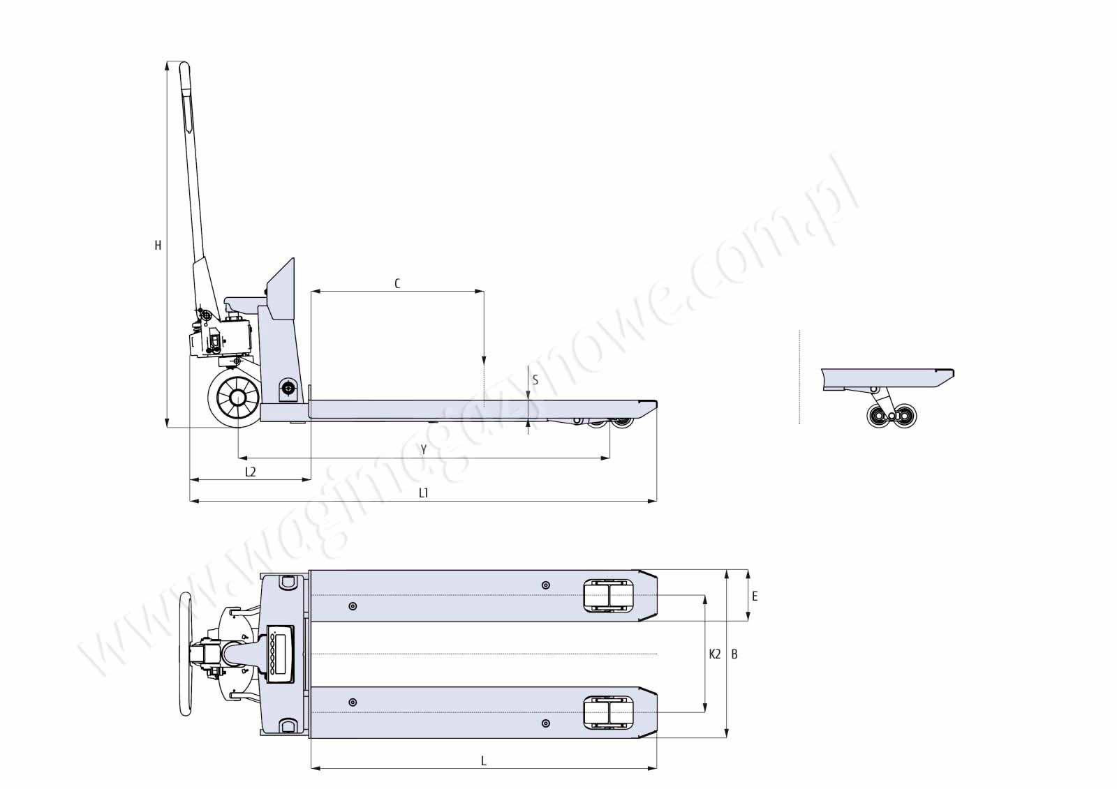 wymiary poszczególnych elementów wózka paletowego z wagą